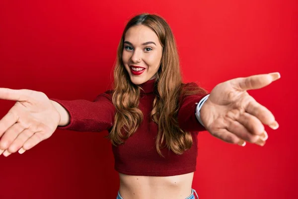 Young Blonde Woman Wearing Turtleneck Sweater Looking Camera Smiling Open — Stock Photo, Image