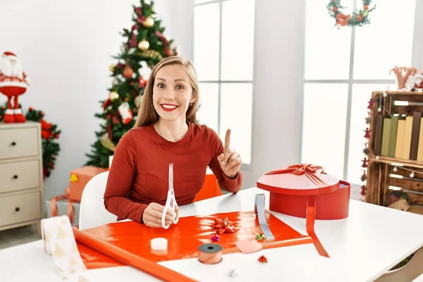 Caucasian Young Blonde Woman Doing Christmas Handcraft Creative Decoration Surprised — Stock Photo, Image