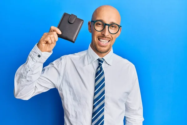 Bald Man Beard Holding Leather Wallet Looking Positive Happy Standing — Stock Photo, Image