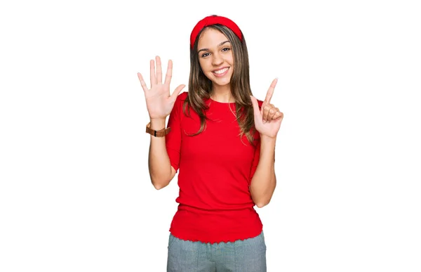 Young Brunette Woman Wearing Casual Clothes Showing Pointing Fingers Number — Stock Photo, Image