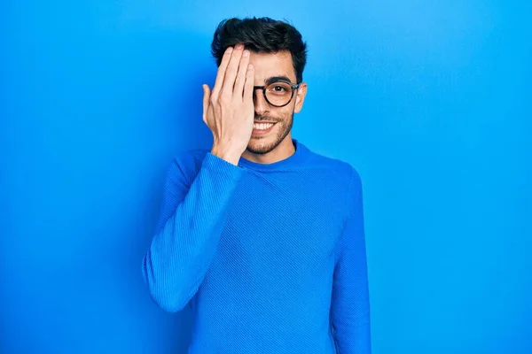 Young Hispanic Man Wearing Casual Clothes Glasses Covering One Eye — Stock Photo, Image