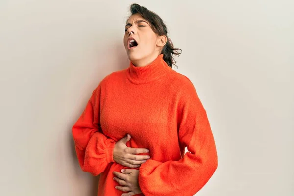 Young Hispanic Woman Wearing Casual Winter Sweater Hand Stomach Because — Stock Photo, Image