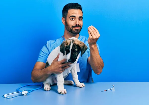 Красивый Латиноамериканец Ветеринар Бородой Проверяет Собачье Здоровье Делая Жест Руками — стоковое фото