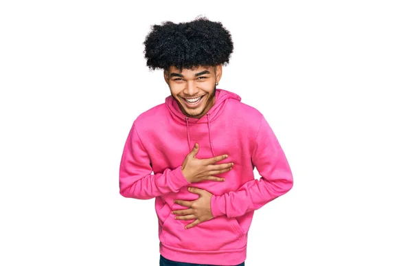 Young African American Man Afro Hair Wearing Casual Pink Sweatshirt — Stock Photo, Image