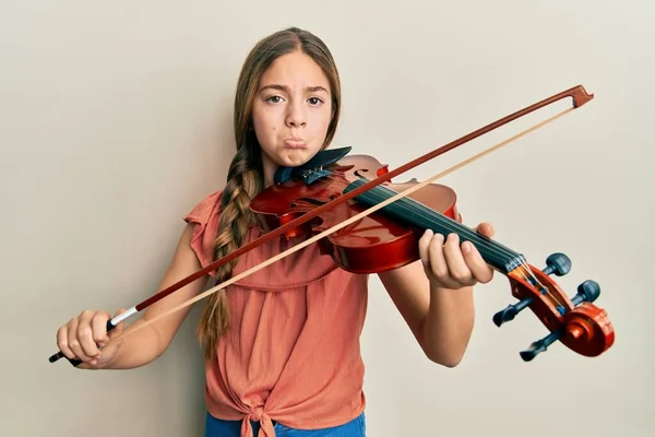 Beautiful Brunette Little Girl Playing Violin Depressed Worry Distress Crying — Stock Photo, Image