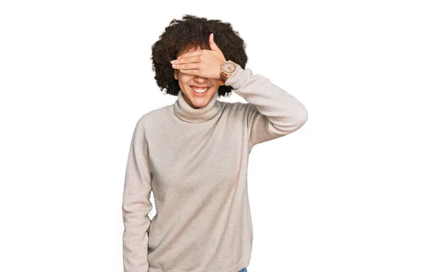 Young Hispanic Girl Wearing Wool Winter Sweater Smiling Laughing Hand — Stock Photo, Image