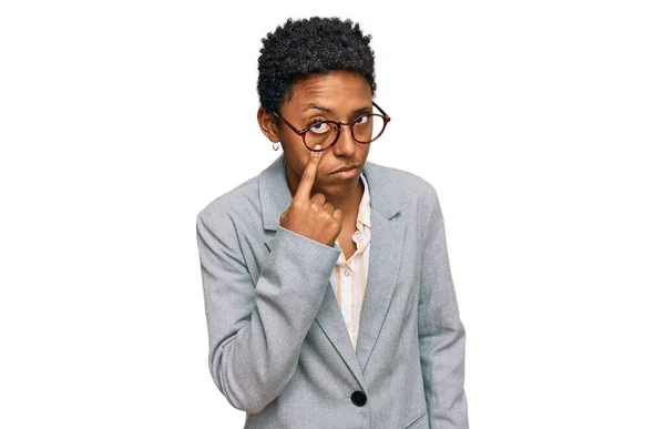 Young African American Woman Wearing Business Clothes Pointing Eye Watching — Stock Photo, Image