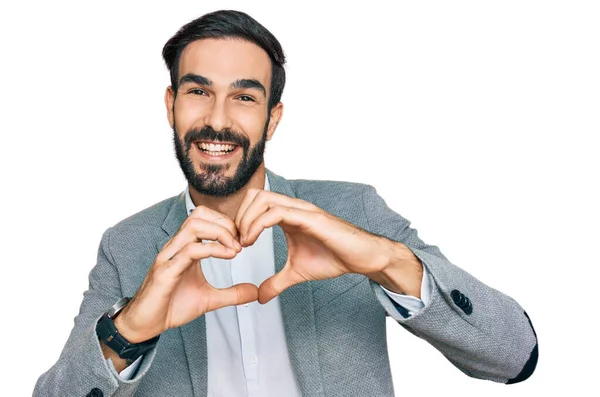 Young Hispanic Man Wearing Business Clothes Smiling Love Doing Heart — Stock Photo, Image