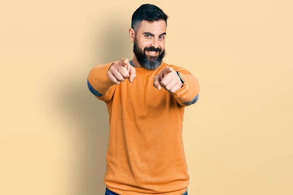 Hispanic Man Beard Wearing Casual Winter Sweater Pointing You Camera — 图库照片