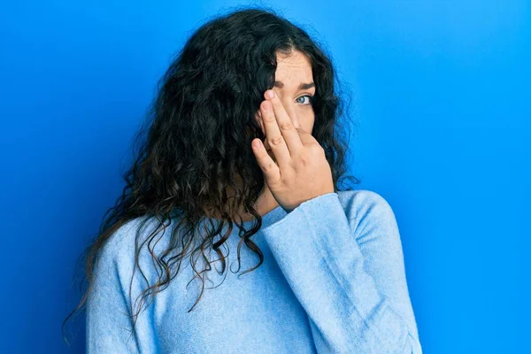 Young Brunette Woman Curly Hair Wearing Casual Clothes Smelling Something — Stock Photo, Image