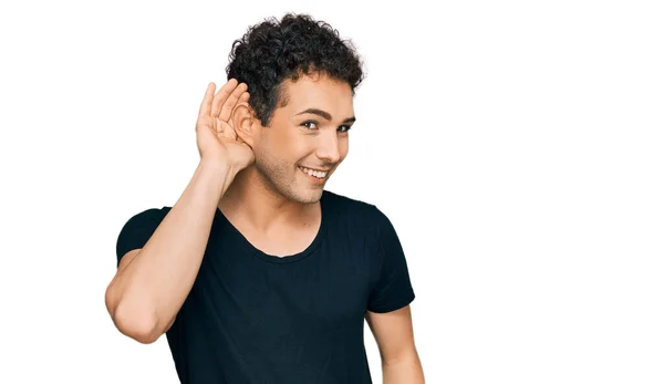 Young Handsome Man Wearing Casual Black Shirt Smiling Hand Ear — Stock Photo, Image