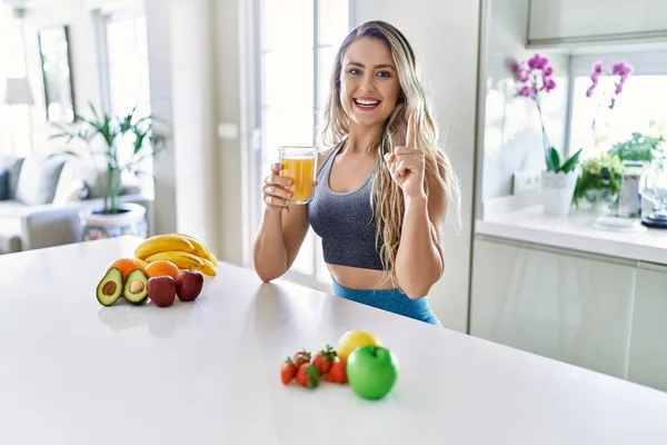 Junge Kaukasische Fitness Frau Sportbekleidung Trinkt Gesunden Orangensaft Überrascht Mit — Stockfoto