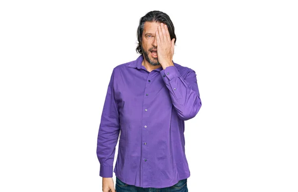 Middle Age Handsome Man Wearing Business Shirt Covering One Eye — Stock Photo, Image