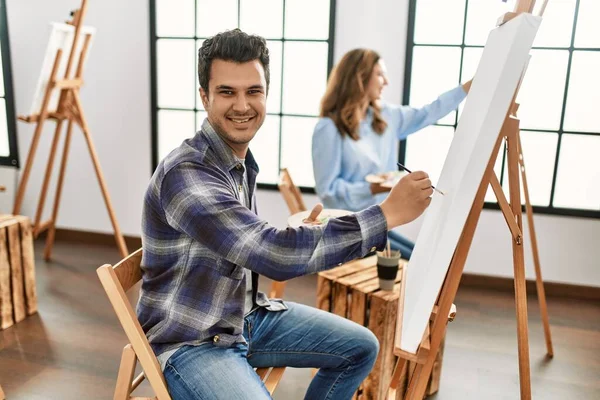 Two Hispanic Students Smiling Happy Painting Art School — Stock Photo, Image