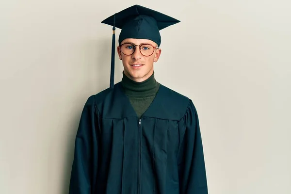 Young Caucasian Man Wearing Graduation Cap Ceremony Robe Happy Cool — Stock Photo, Image