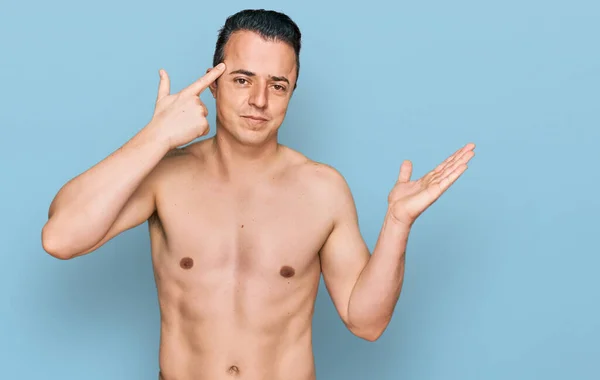 Handsome Young Man Wearing Swimwear Shirtless Confused Annoyed Open Palm — Stock Photo, Image