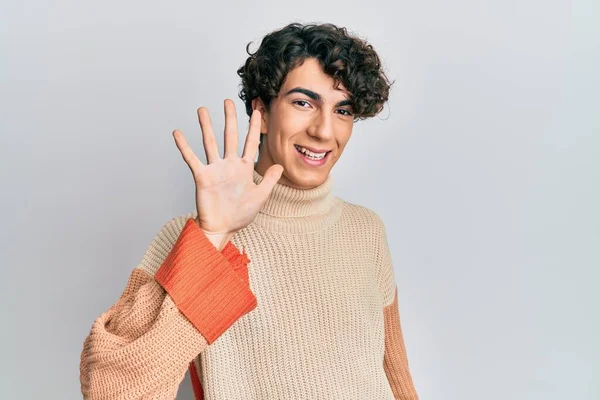 Hispanic Young Man Wearing Casual Winter Sweater Showing Pointing Fingers — Stock Photo, Image