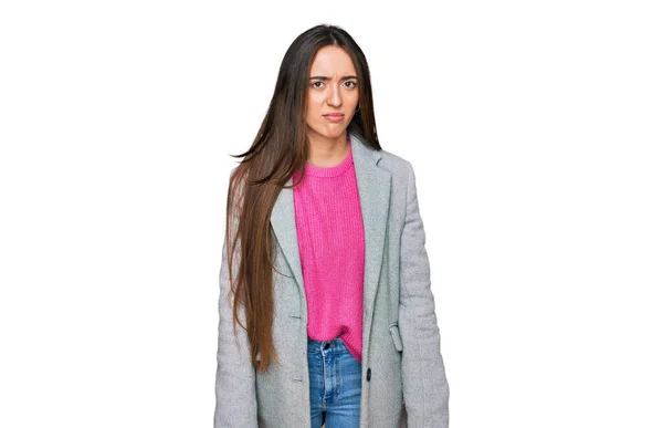 Young Hispanic Girl Wearing Business Clothes Skeptic Nervous Frowning Upset — Stock Photo, Image