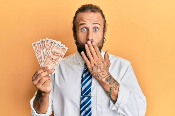 Handsome Business Man Beard Long Hair Holding Turkish Lira Banknotes — Stock Photo, Image