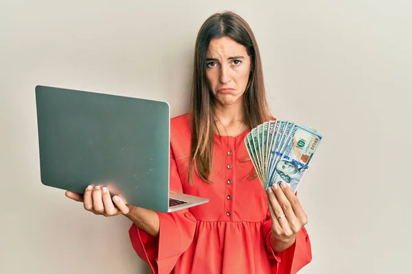 Young Beautiful Woman Working Office Holding Dollars Depressed Worry Distress — Stock Photo, Image
