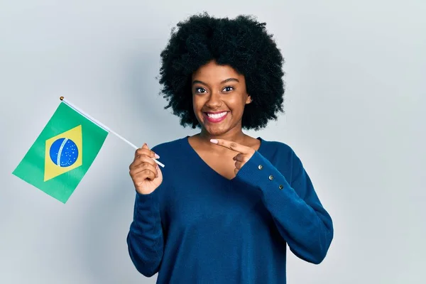 Giovane Donna Afroamericana Che Tiene Bandiera Brasiliana Sorridente Felice Indicando — Foto Stock