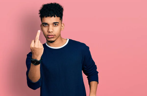Young African American Man Wearing Casual Clothes Showing Middle Finger — 图库照片