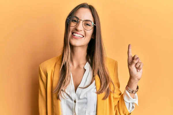 Young Beautiful Woman Wearing Business Style Glasses Big Smile Face — Stock Photo, Image