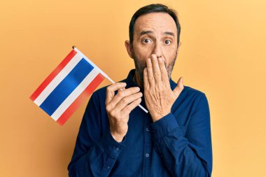 Orta yaşlı İspanyol bir adam, elinde Filipinler bayrağı tutarken ağzı elle kapatılmış, şok olmuş ve hata yapmaktan korkan. şaşırmış ifade 