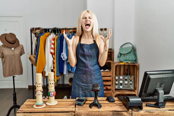 Beautiful Caucasian Woman Working Manager Retail Boutique Crazy Mad Shouting — Stock Photo, Image