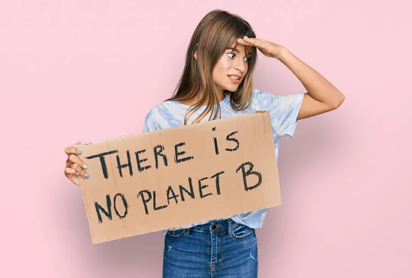 Teenager Caucasian Girl Holding Planet Banner Stressed Frustrated Hand Head — ストック写真