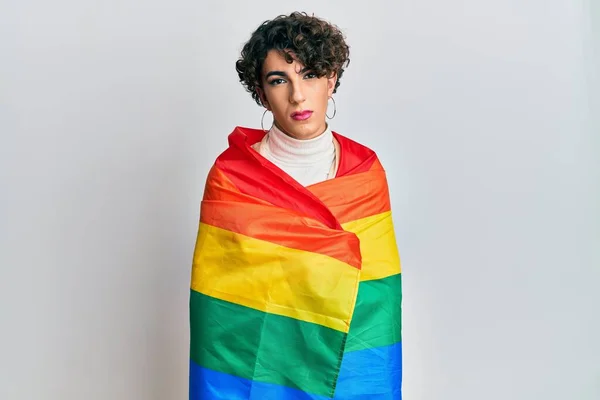 Young Man Wearing Woman Make Wrapped Rainbow Lgbtq Flag Relaxed — Stock Photo, Image