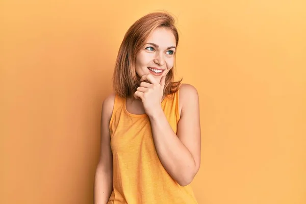 Young Caucasian Woman Wearing Casual Style Sleeveless Shirt Hand Chin — Stock Photo, Image