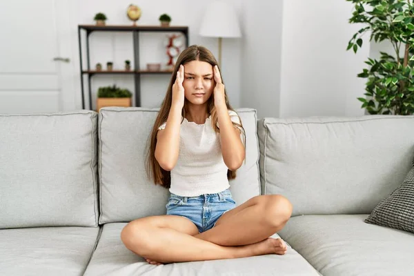 Young Brunette Teenager Sitting Sofa Home Hand Head Pain Head — 스톡 사진