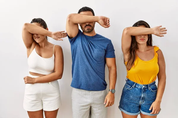 Group Young Hispanic People Standing Isolated Background Covering Eyes Arm — Stock Photo, Image