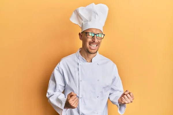 Bald Man Beard Wearing Professional Cook Uniform Excited Success Arms — 스톡 사진