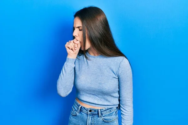 Young Brunette Teenager Wearing Casual Sweater Feeling Unwell Coughing Symptom — Stock Photo, Image