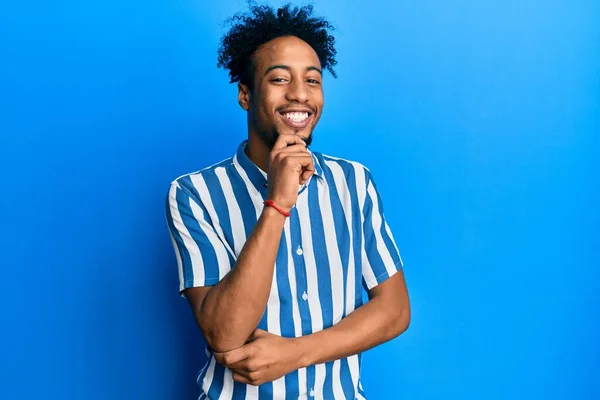 Young African American Man Beard Wearing Casual Striped Shirt Looking — 스톡 사진