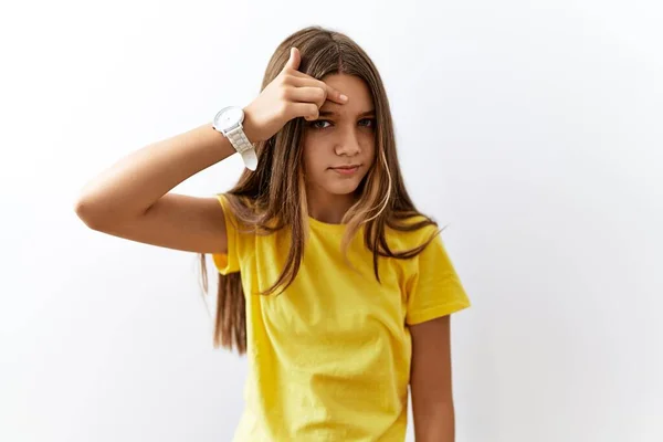 Jonge Brunette Tiener Samen Staan Geïsoleerde Achtergrond Wijzen Ongelukkig Pukkelen — Stockfoto