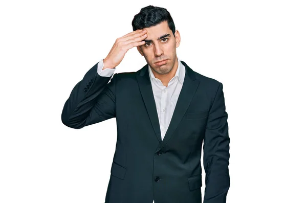 Handsome Hispanic Man Wearing Business Clothes Worried Stressed Problem Hand — Stock Photo, Image