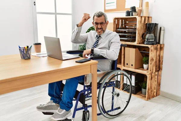 Middle Age Hispanic Man Working Office Sitting Wheelchair Angry Mad — Stock Photo, Image