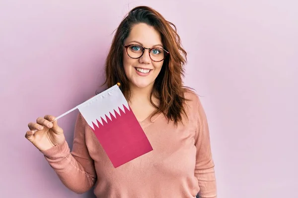 Young Caucasian Woman Holding Qatar Flag Looking Positive Happy Standing — Fotografia de Stock