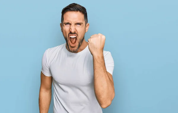 Handsome Man Beard Wearing Casual White Shirt Angry Mad Raising — Stock Photo, Image