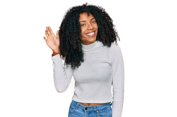 Young African American Girl Wearing Casual Clothes Waiving Saying Hello — Stock Photo, Image