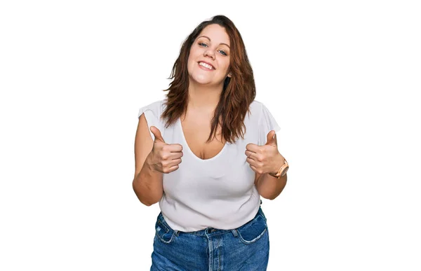 Young Size Woman Wearing Casual White Shirt Success Sign Doing — Stok fotoğraf