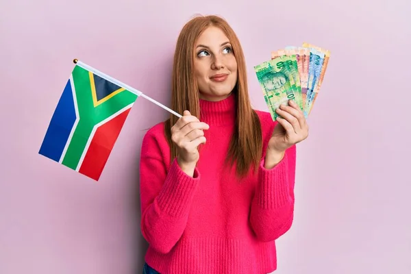 Young Irish Woman Holding South Africa Flag Rand Banknotes Smiling — Φωτογραφία Αρχείου