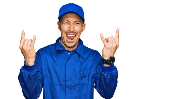 Bald Man Beard Wearing Builder Jumpsuit Uniform Shouting Crazy Expression — Stock Photo, Image