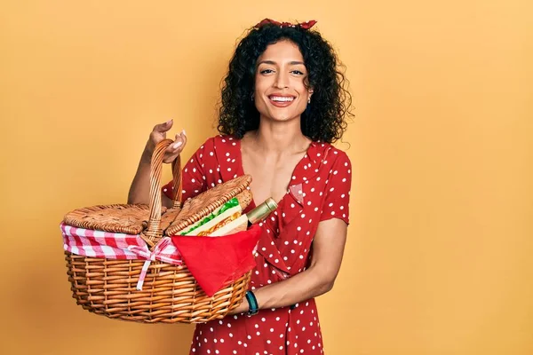 Young Latin Girl Holding Picnic Wicker Basket Bread Smiling Laughing — Stockfoto