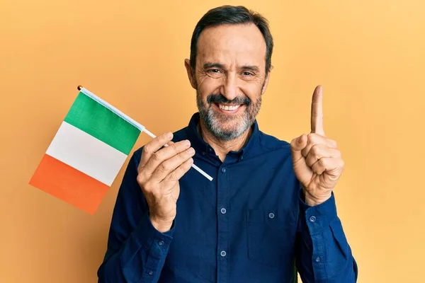 Middle Age Hispanic Man Holding Ireland Flag Smiling Idea Question — Stok fotoğraf