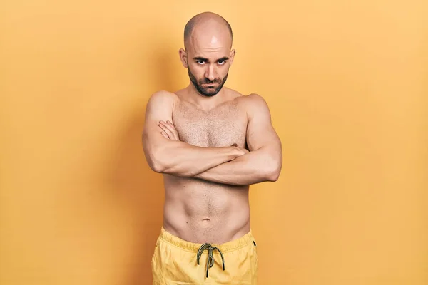 Young Bald Man Wearing Swimwear Skeptic Nervous Disapproving Expression Face — Stok fotoğraf