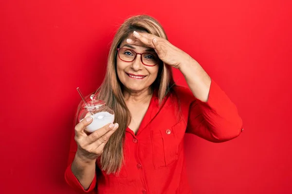 Middle Age Hispanic Woman Holding Bowl Sugar Stressed Frustrated Hand — Stock Photo, Image